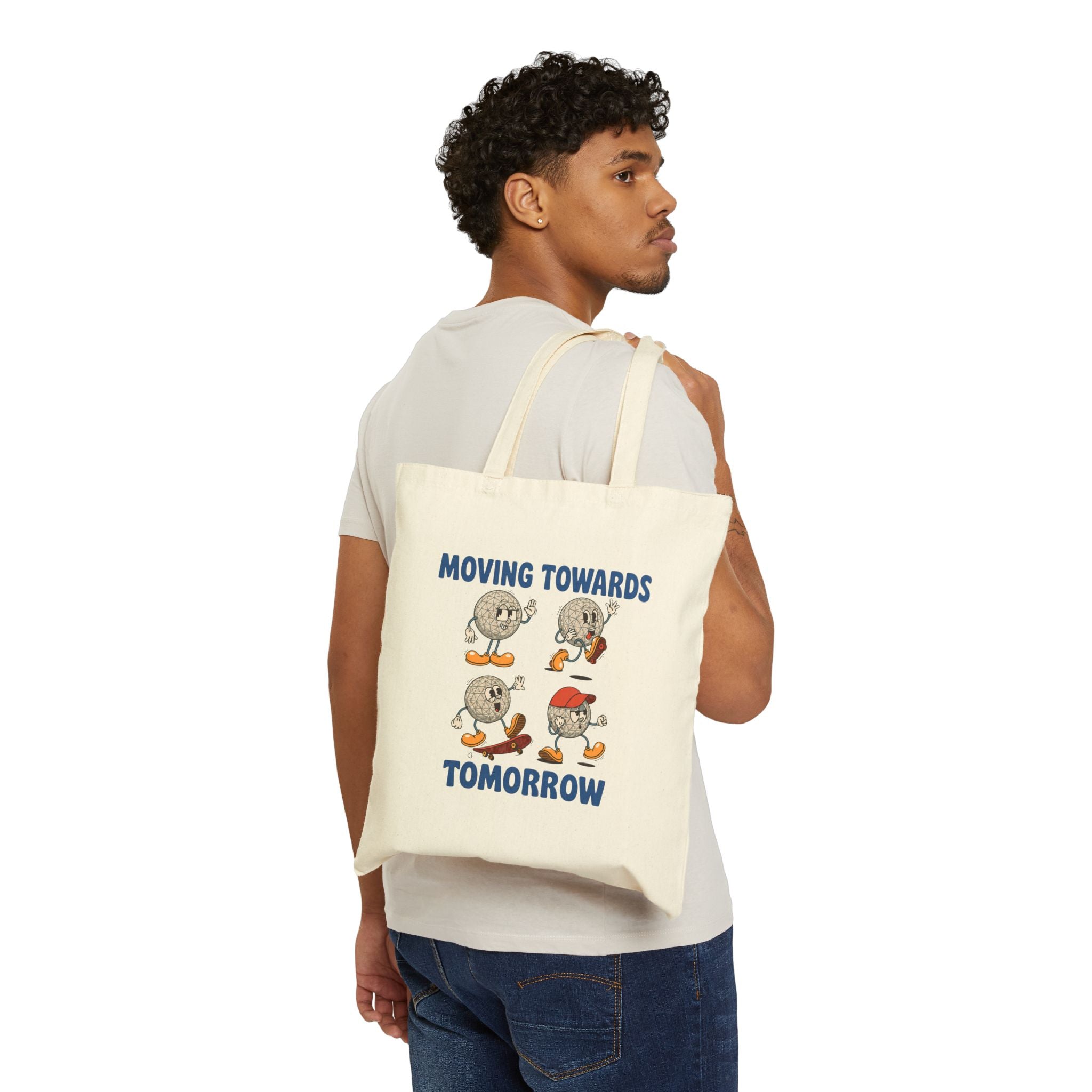 Canvas Tote Bag — "Moving Towards Tomorrow" Vintage Cartoon Moon Phases Eco Grocery Bag