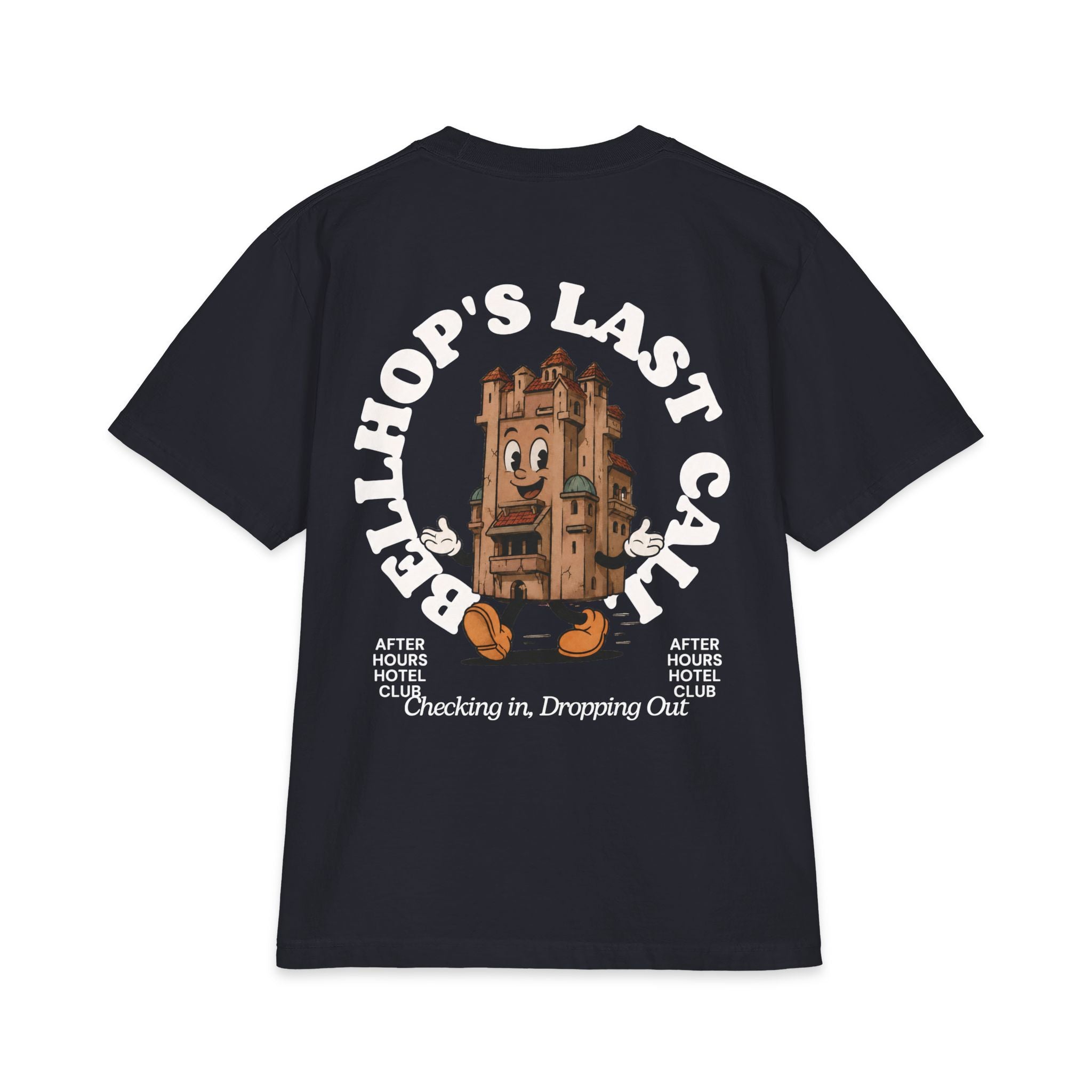 Bellhop’s Last Call Short Sleeve Tee — Vintage Hotel Mascot Graphic