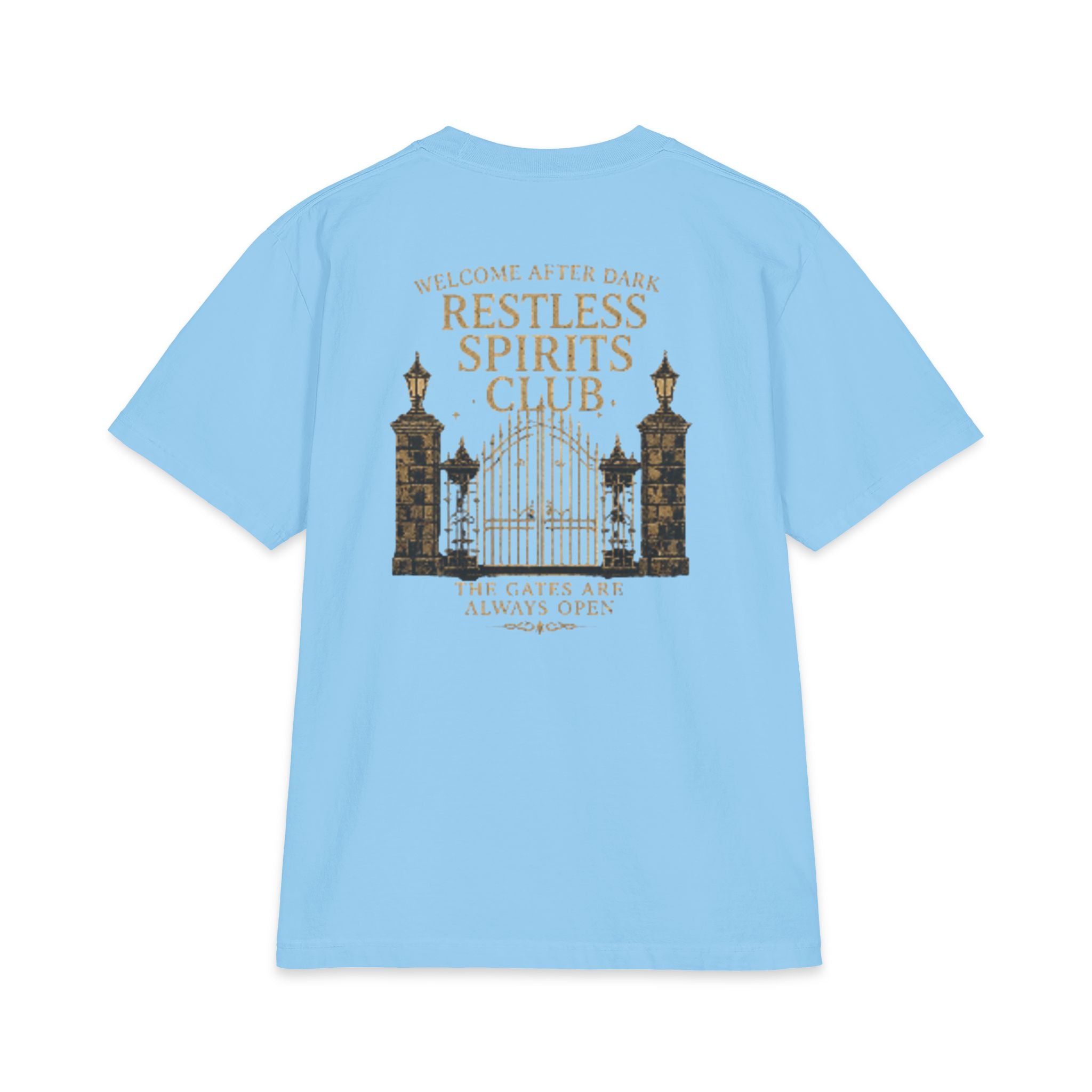 Restless Spirits Club Vintage Haunted Gate T-Shirt — "Welcome After Dark"