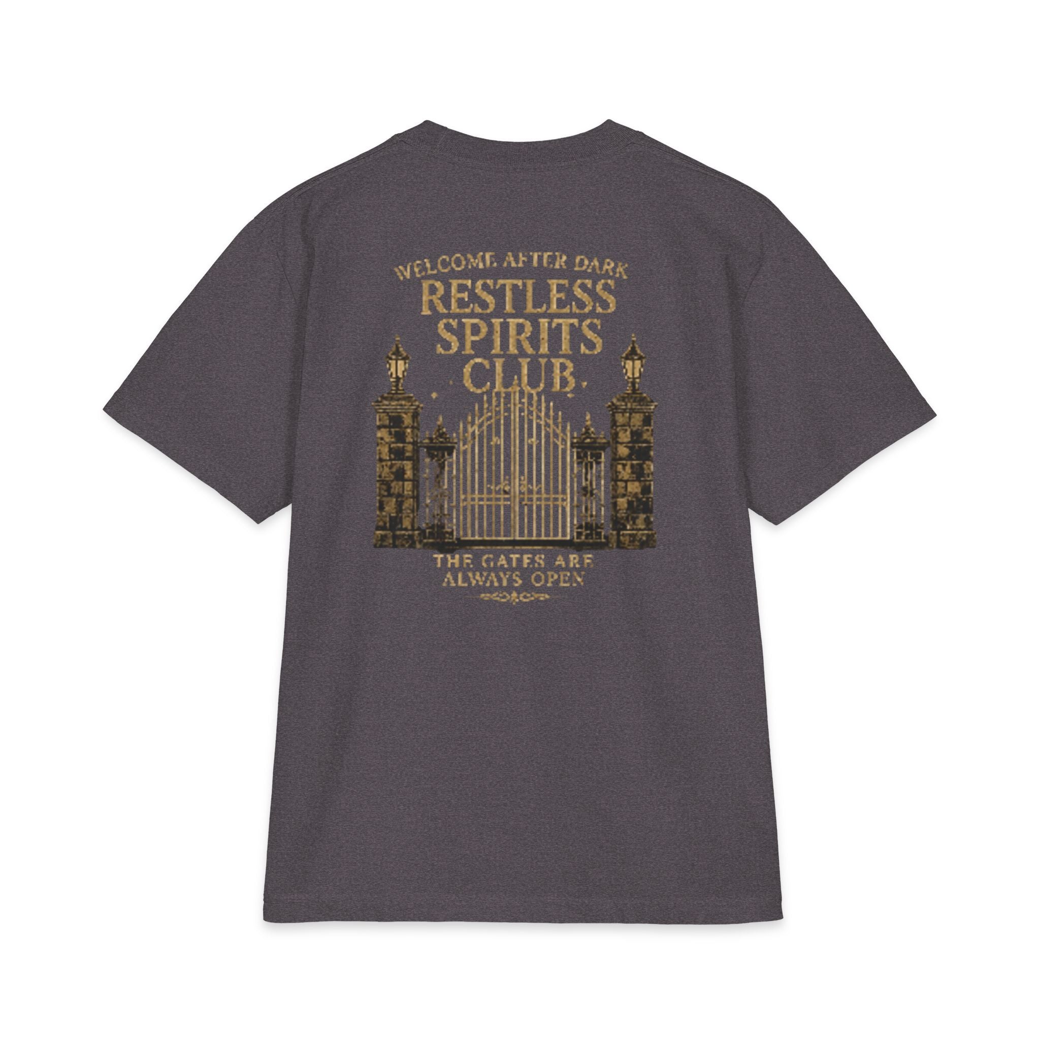 Restless Spirits Club Vintage Haunted Gate T-Shirt — "Welcome After Dark"
