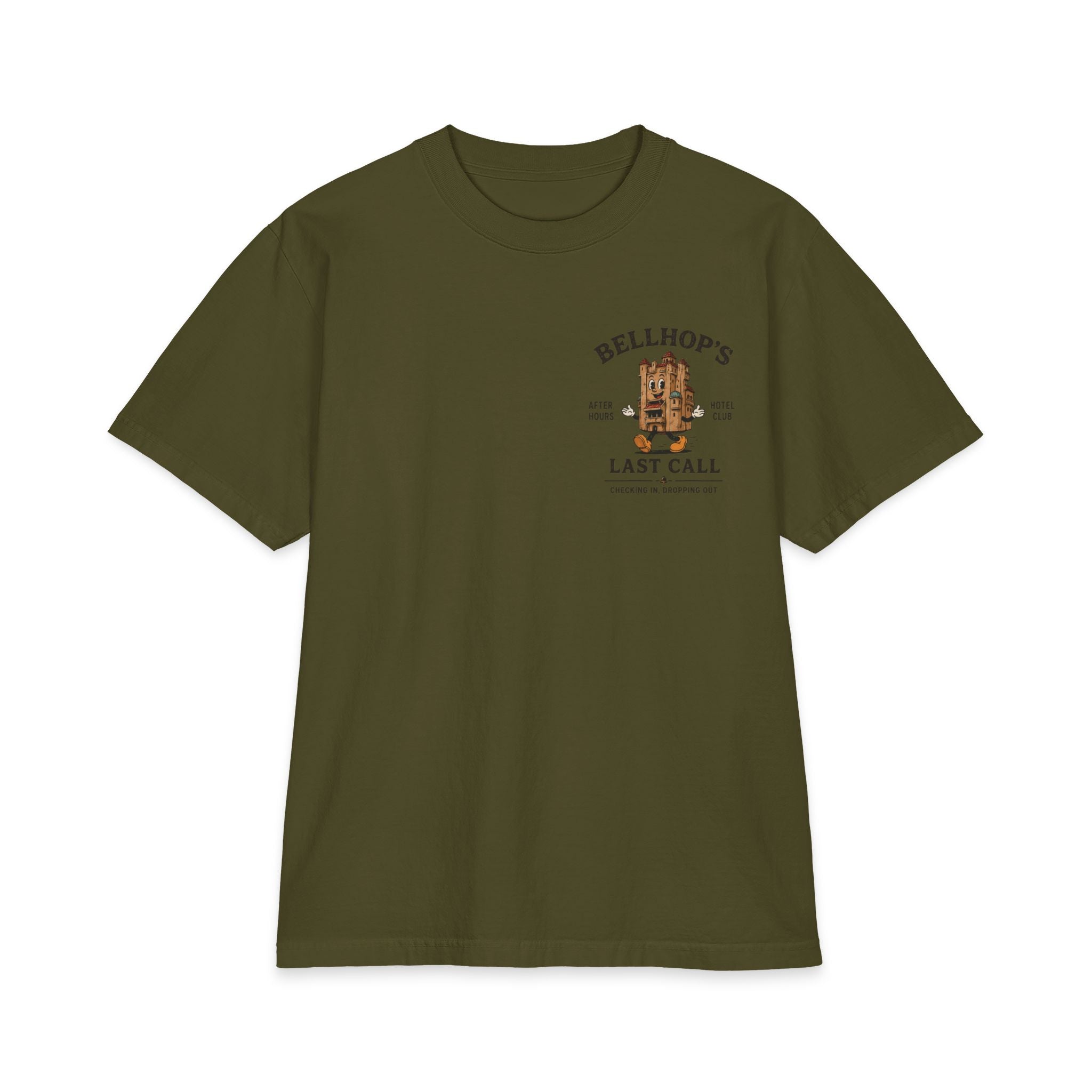 Bellhop’s Last Call Short Sleeve Tee — Vintage Hotel Mascot Graphic