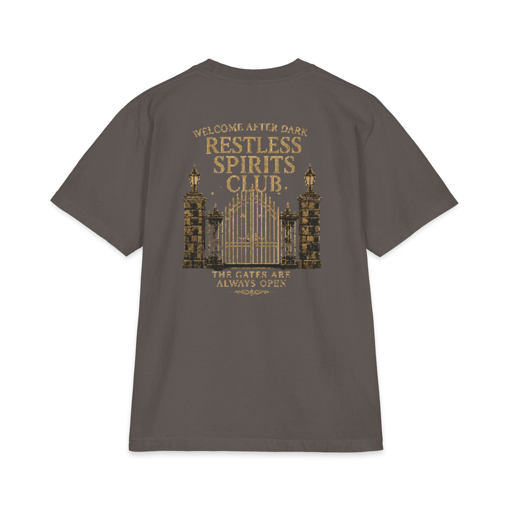 Restless Spirits Club Vintage Haunted Gate T-Shirt — "Welcome After Dark"