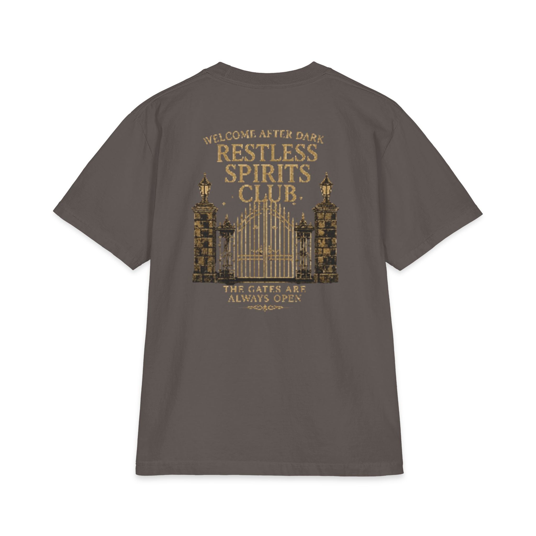 Restless Spirits Club Vintage Haunted Gate T-Shirt — "Welcome After Dark"