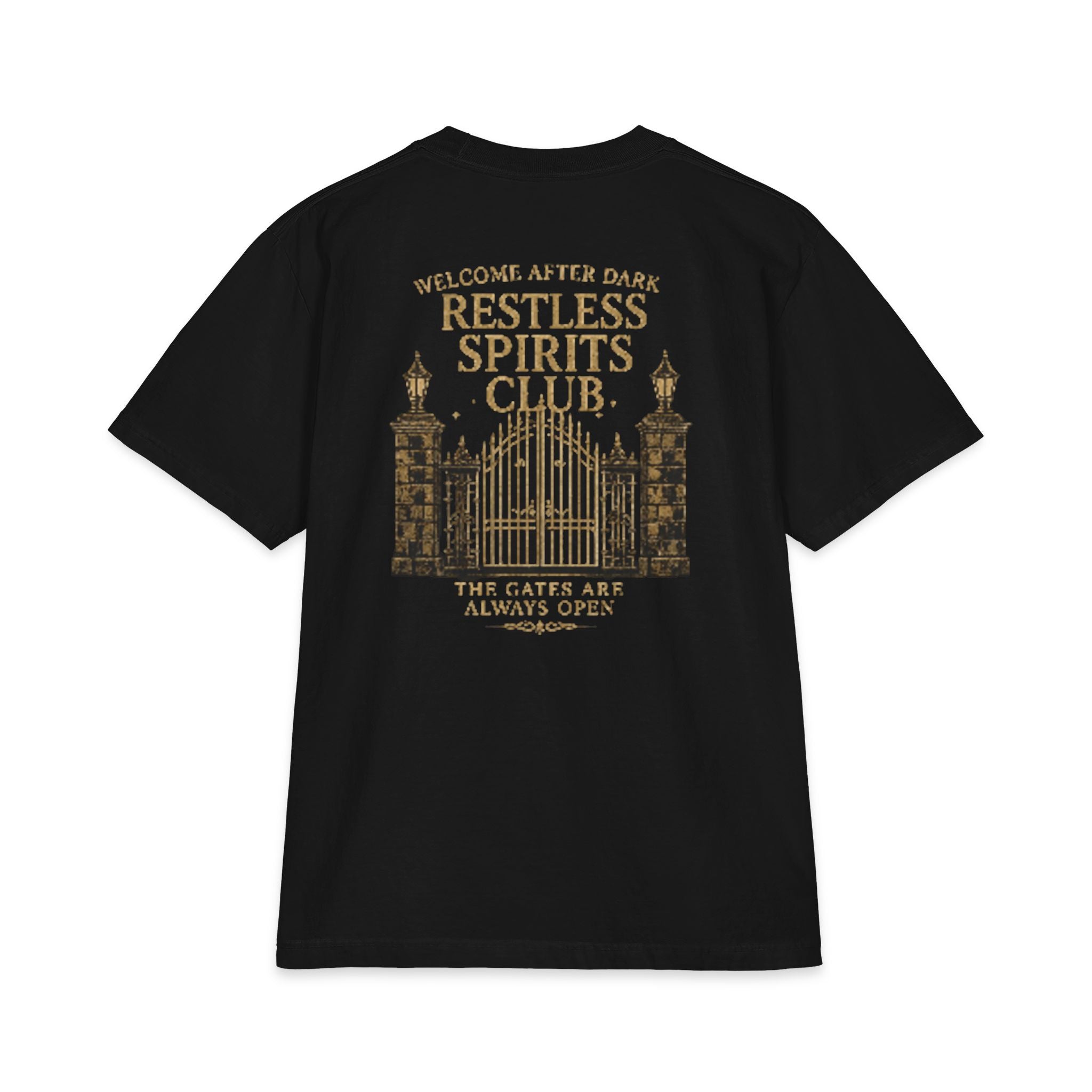Restless Spirits Club Vintage Haunted Gate T-Shirt — "Welcome After Dark"