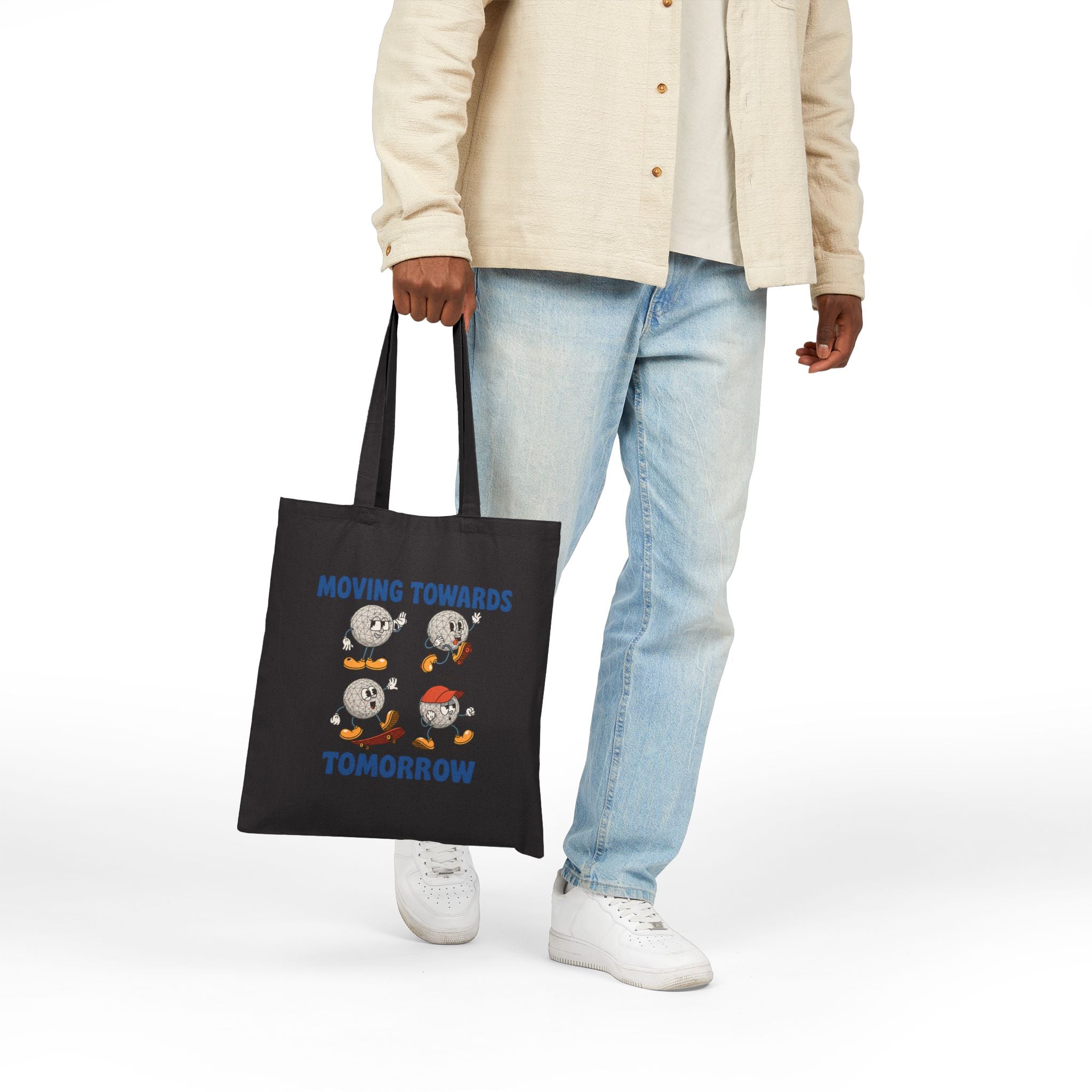 Canvas Tote Bag — "Moving Towards Tomorrow" Vintage Cartoon Moon Phases Eco Grocery Bag