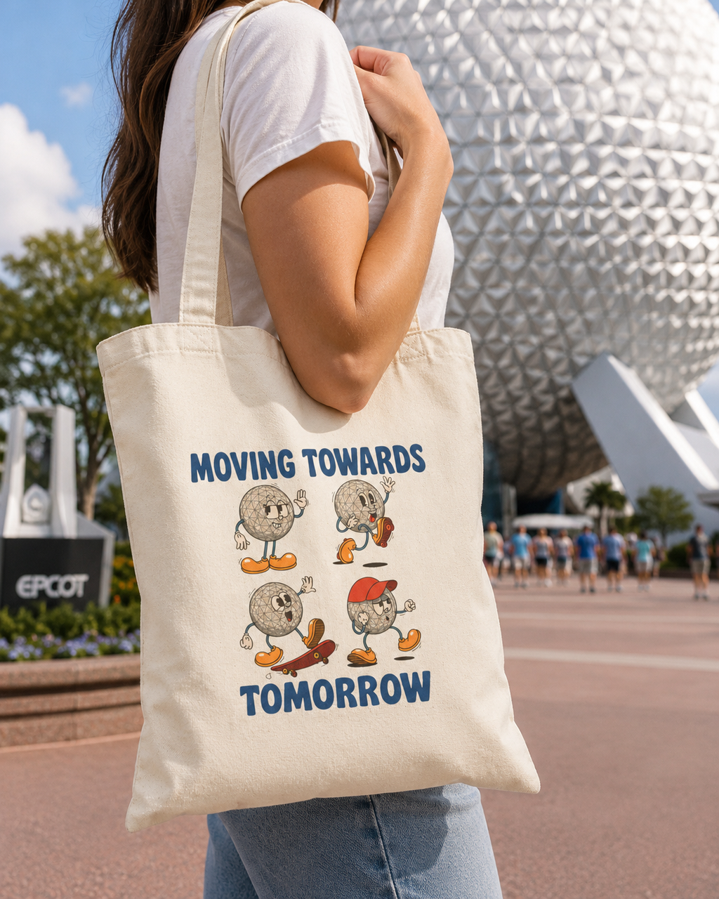 Canvas Tote Bag — "Moving Towards Tomorrow" Vintage Cartoon Moon Phases Eco Grocery Bag