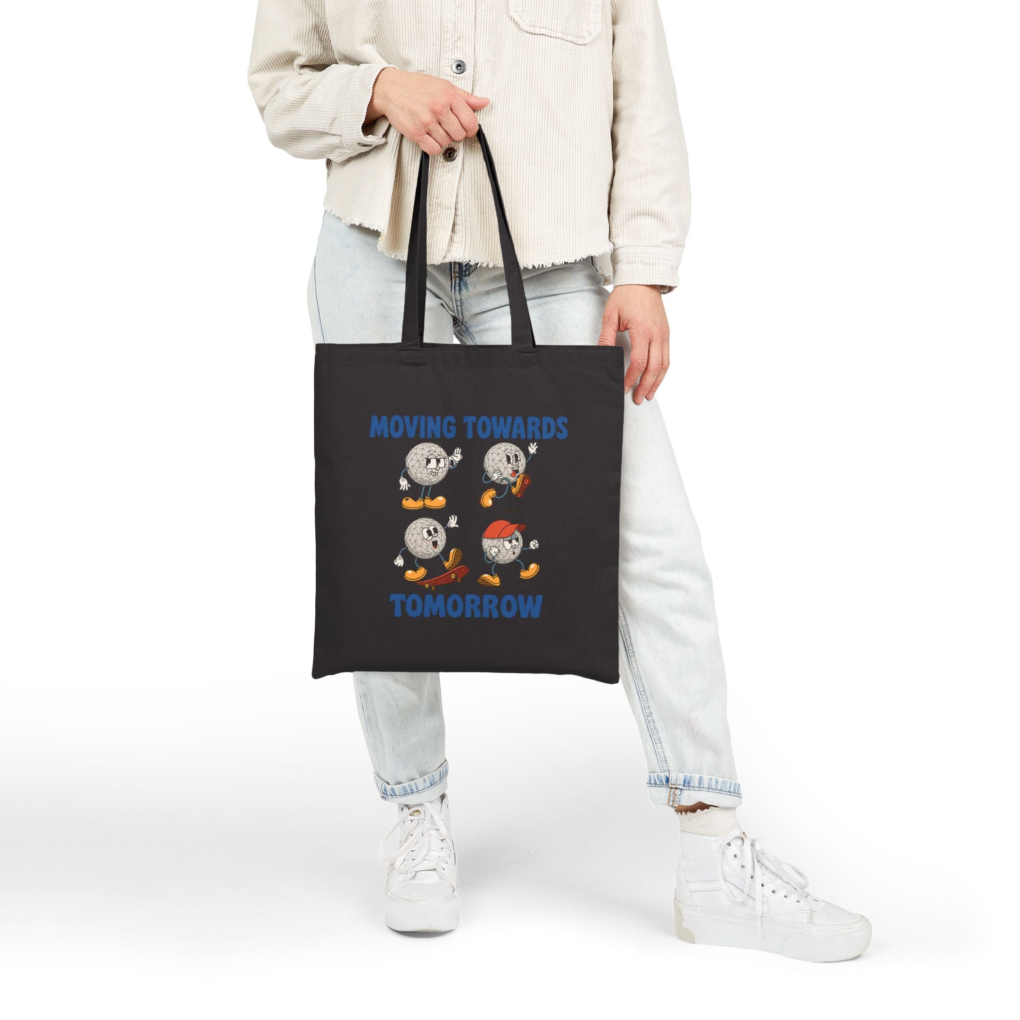 Canvas Tote Bag — "Moving Towards Tomorrow" Vintage Cartoon Moon Phases Eco Grocery Bag