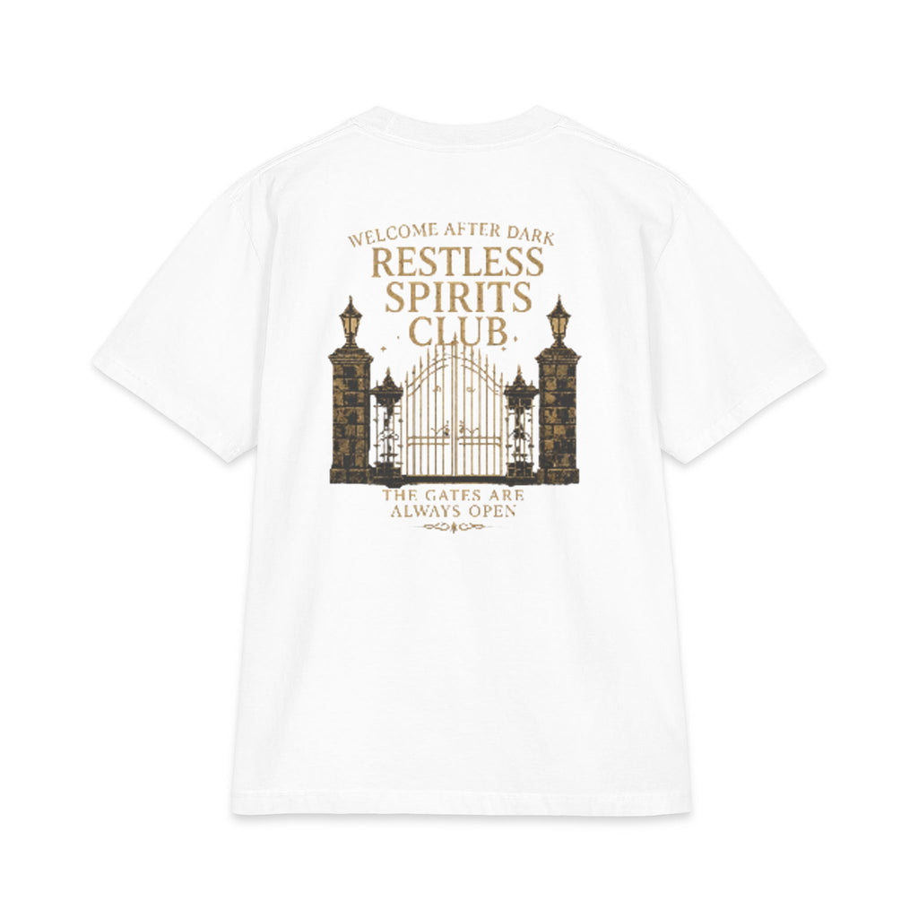 Restless Spirits Club Vintage Haunted Gate T-Shirt — "Welcome After Dark"