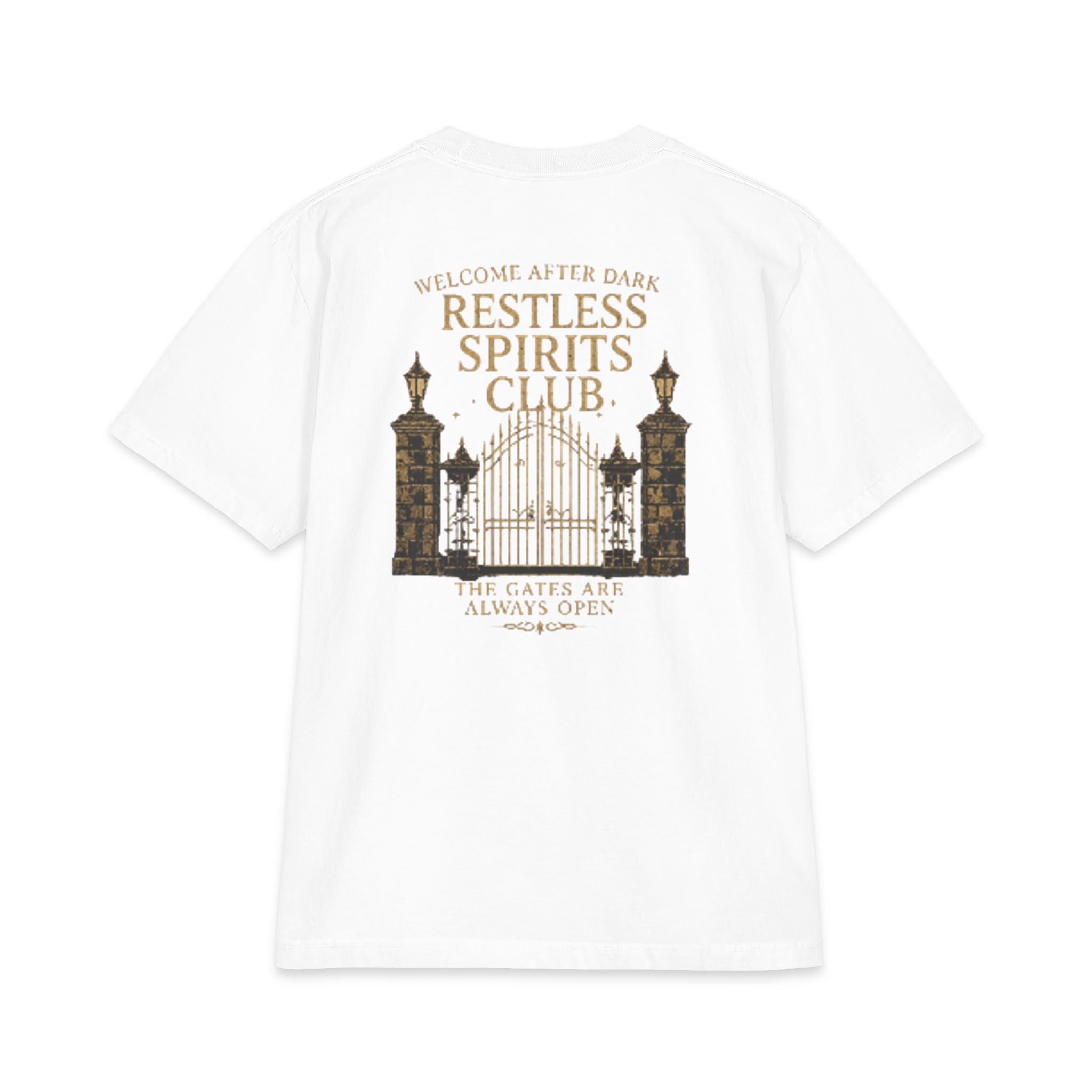 Restless Spirits Club Vintage Haunted Gate T-Shirt — "Welcome After Dark"