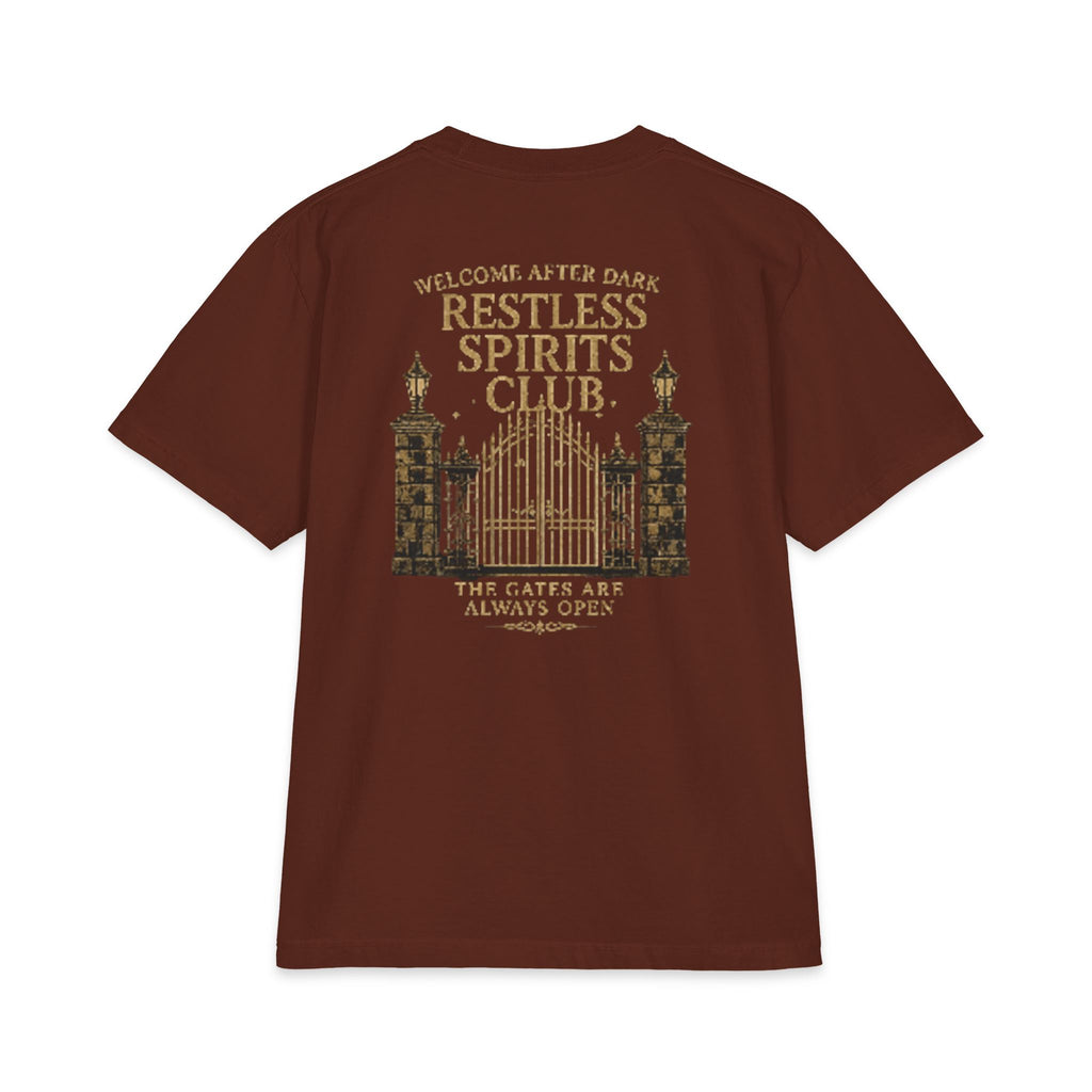 Restless Spirits Club Vintage Haunted Gate T-Shirt — "Welcome After Dark"