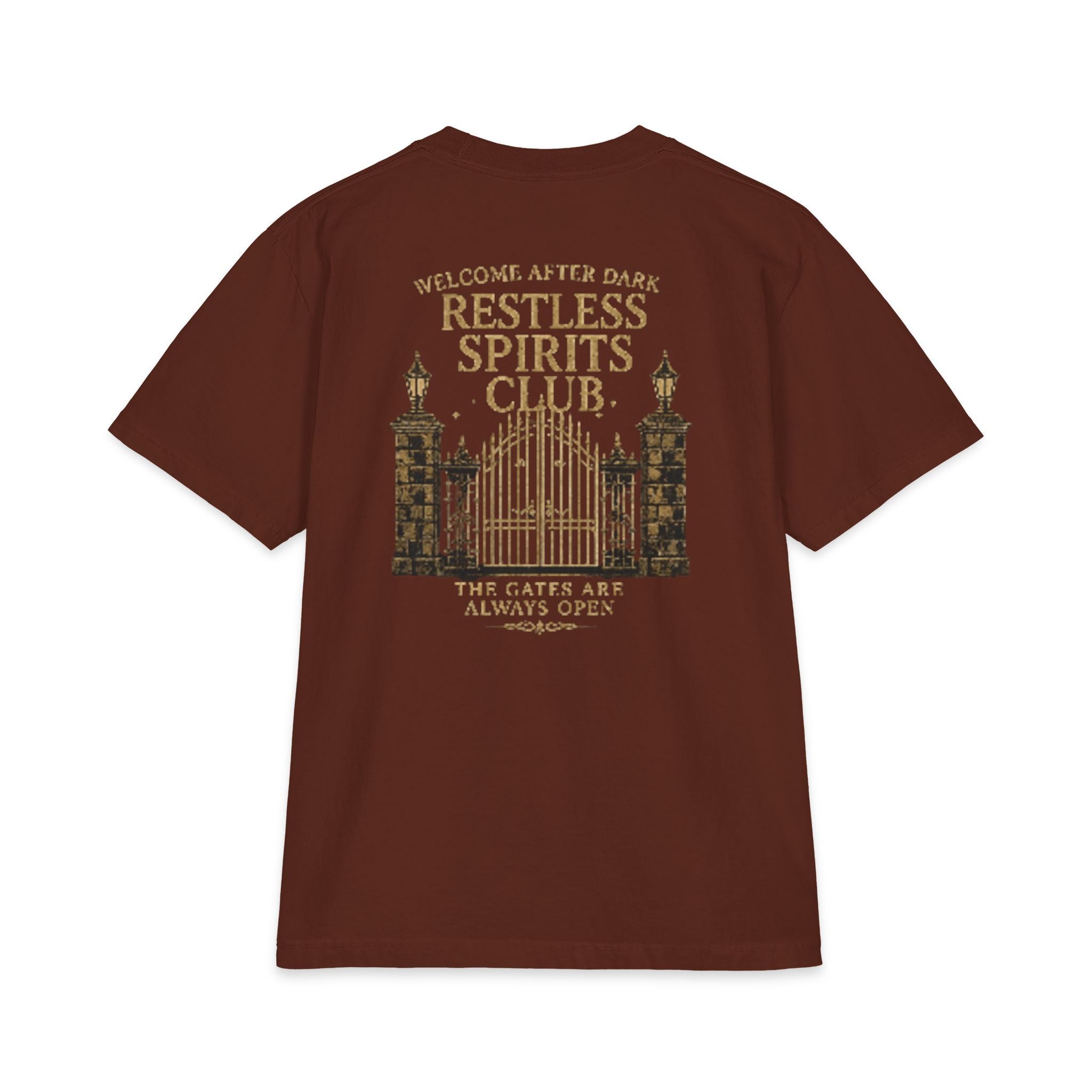 Restless Spirits Club Vintage Haunted Gate T-Shirt — "Welcome After Dark"