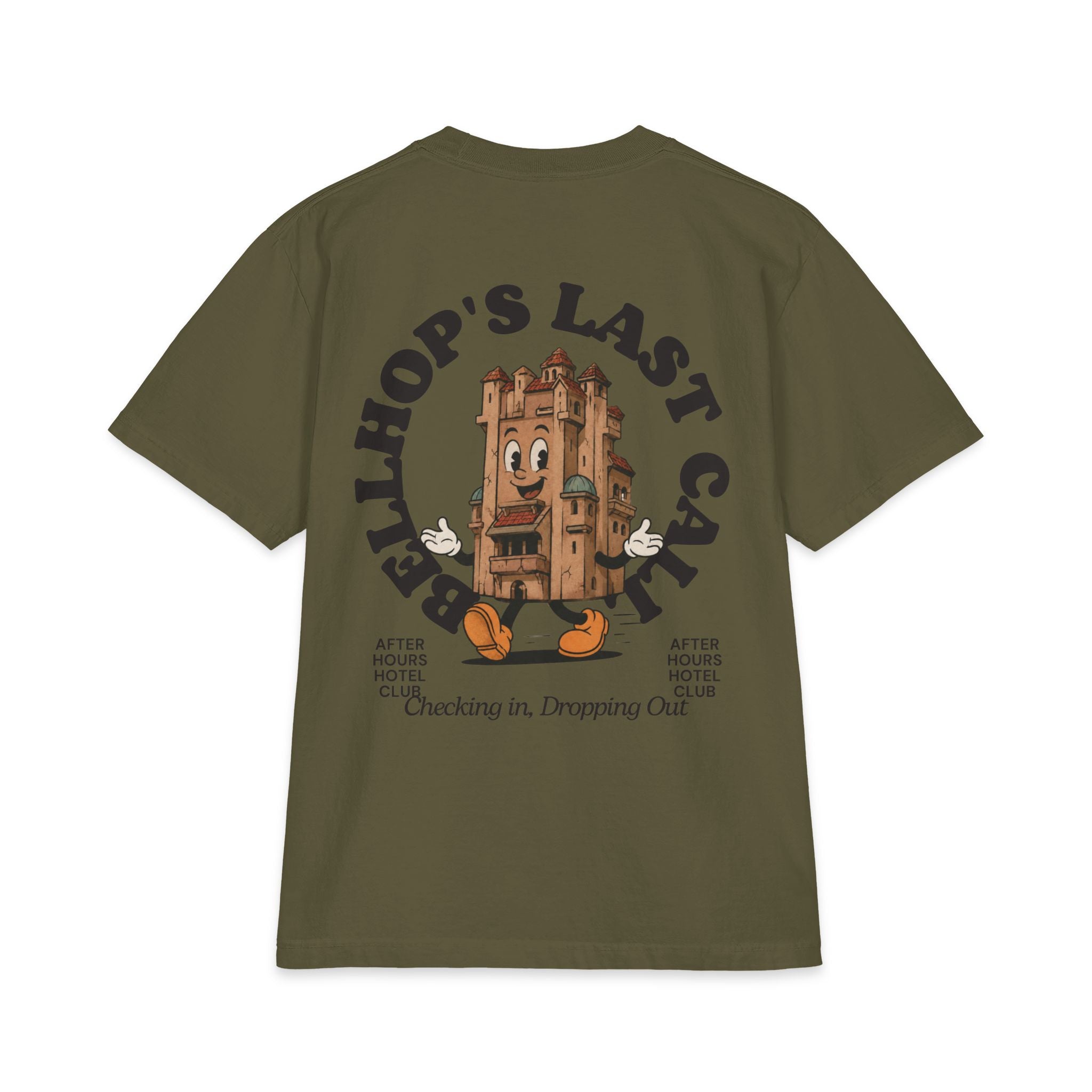 Bellhop’s Last Call Short Sleeve Tee — Vintage Hotel Mascot Graphic