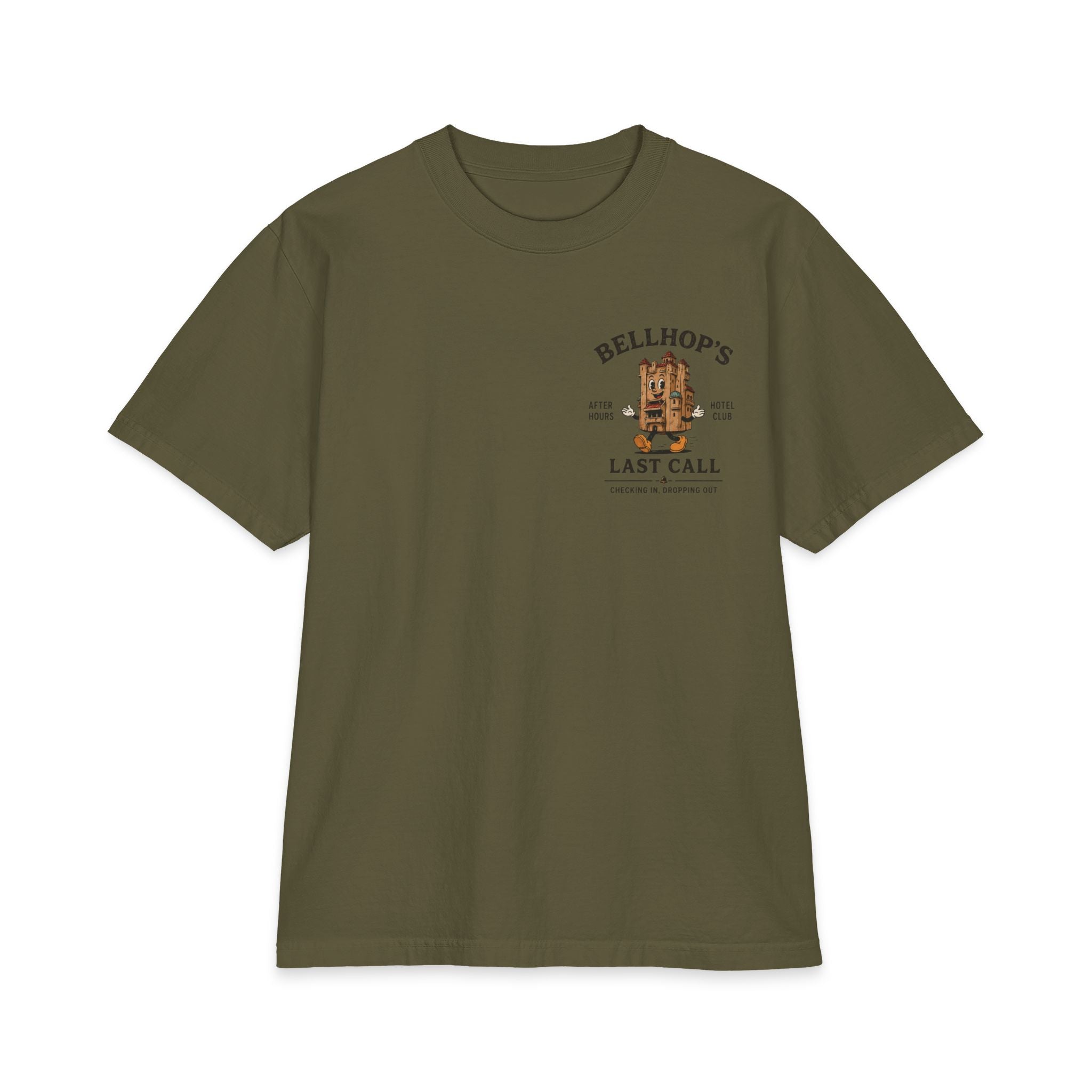 Bellhop’s Last Call Short Sleeve Tee — Vintage Hotel Mascot Graphic