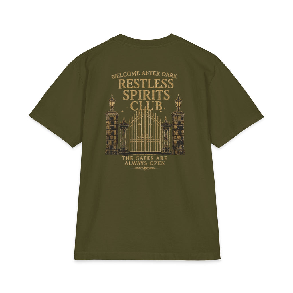 Restless Spirits Club Vintage Haunted Gate T-Shirt — "Welcome After Dark"