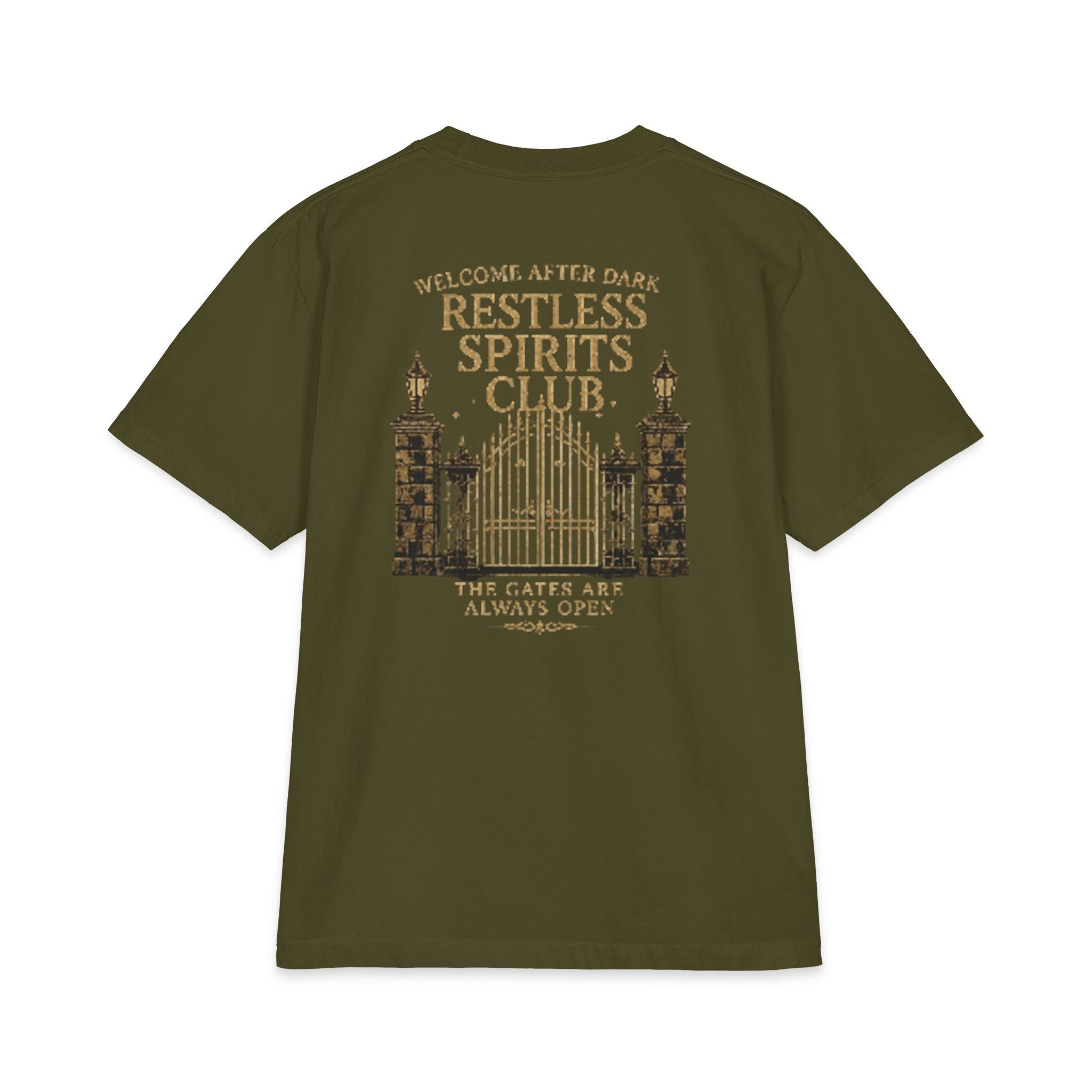 Restless Spirits Club Vintage Haunted Gate T-Shirt — "Welcome After Dark"