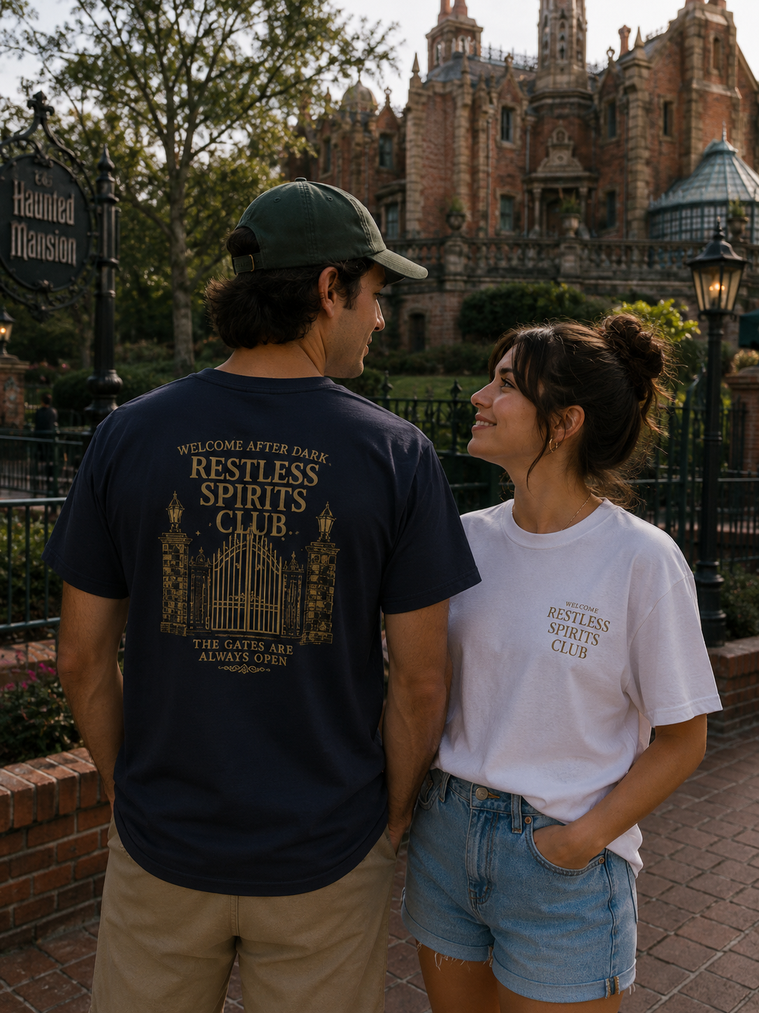 Restless Spirits Club Vintage Haunted Gate T-Shirt — "Welcome After Dark"
